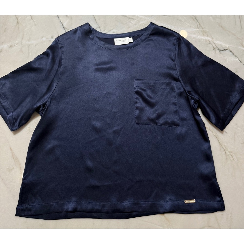 Cozy Earth Womens Navy Blue 100% Silk Satin Short‎ Sleeve Pocket Tee Top Small - Picture 5 of 10
